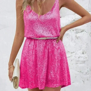 Hot Pink Sexy Women's Sleeveless Sequin V-Neck Mini Dress